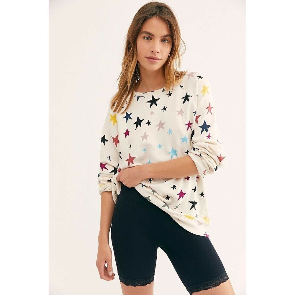 NEW FREE PEOPLE X MONROW Sz S OVERSIZED STAR RAGLAN PULLOVER SWEATSHIRT IVORY